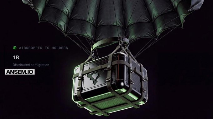 A black and green tactical crate descends via parachute, emblazoned with the $ANSEM logo, alongside text reading "AIRDROPPED TO HOLDERS, 1B Distributed at migration" and "ANSEM.IO." The image visually reinforces the post's announcement of the 1 billion $ANSEM token airdrop to holders, depicting the drop as a military-style supply delivery straight to the trenches.