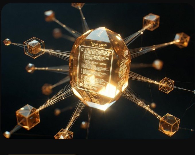 A glowing golden polyhedron displaying lines of transaction code sits at the center of a network, with luminous beams connecting it to smaller crystalline nodes—symbolizing the decentralized verification process that powers cryptocurrencies like XRP and XLM, where value transfer occurs through network consensus rather than simple coin movement.