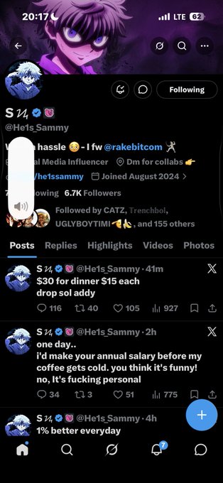 A Twitter/X profile for S 1/4 (@He1sSammy) with 6.7K followers, displaying posts about dinner prices and other updates.