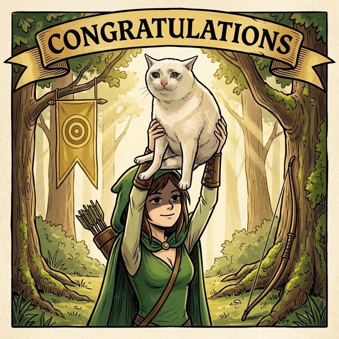 An illustrated "CONGRATULATIONS" banner arches over a triumphant archer in green, hoisting a white cat above her head in a sunlit forest. The image's celebratory tone and cat-lifting imagery mirror the post's milestone acknowledgment for the $MARIAN community, symbolizing pride in holding 1% of the token as a foundational supporter of the meme's launch on Robinhood Chain.