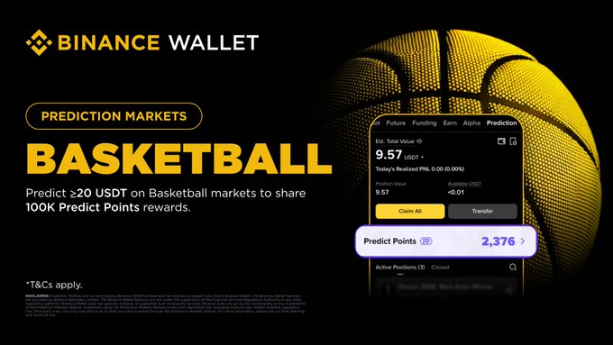 The image features a basketball advertisement that includes a large yellow basketball as its central focus. The text "Binance Wallet" is displayed above the basketball, indicating the connection between the basketball game and the Binance wallet app. The main content of the image is a phone screen displaying an NBA basketball game with a score of 9:57 to 8:56. Below this, there are two options for users to participate in the game - they can either place an order on the Binance Wallet app or use the points system directly from the image.