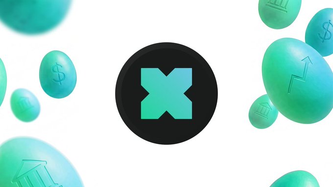 The image features the xStocks logo—a black circle with a teal "X" symbol—at the center, surrounded by floating teal eggs decorated with financial icons like dollar signs, bank buildings, and upward arrows. These visual elements of finance and growth complement the caption's message about the expanding xStocks ecosystem on Solana, where NestUSD enables holders to borrow against their positions.