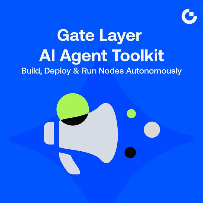 A promotional graphic with blue background reading 'Gate Layer AI Agent Toolkit - Build, Deploy & Run Nodes Autonomously' with a stylized megaphone icon.