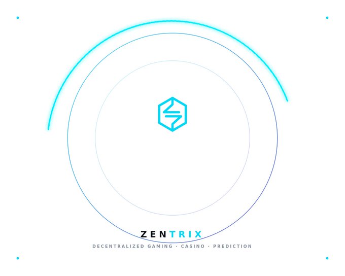A minimalist logo design for 'ZENTRIX' featuring a hexagonal icon, with the tagline 'DECENTRALIZED GAMING · CASINO · PREDICTION' and concentric circles in blue and purple.