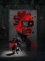 A stylized red and black graphic image featuring a character wearing glasses and a mask with a mask-like design, rendered in a dark artistic style.