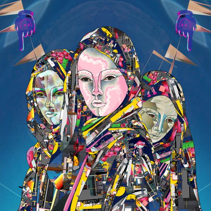 A vibrant digital art piece depicting three stylized figures with surreal faces against a deep blue sky, with small drooping Melting-like character figures hanging from flags at the top.