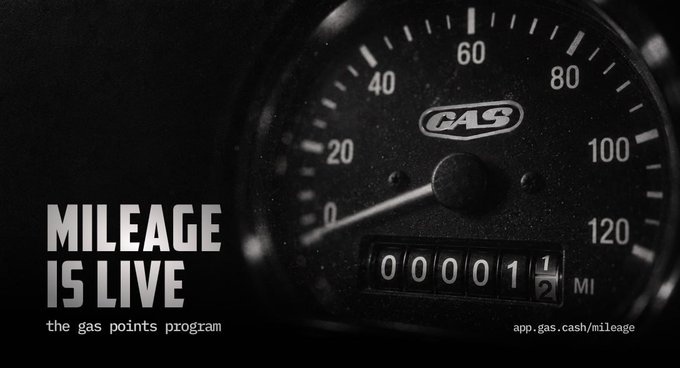 A black and white promotional image for 'the gas points program' features a speedometer displaying '00001' miles, with text reading 'MILEAGE IS LIVE' and 'app.gas.cash/mileage'.