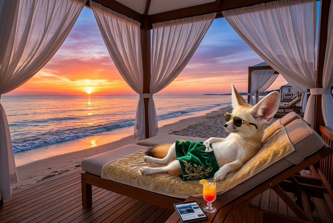 An AI-generated image of a fennec fox wearing sunglasses and green swim trunks lounging on a beach cabana daybed at sunset, with a tropical cocktail and tablet nearby.