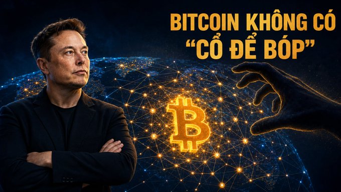 A graphic featuring Elon Musk standing next to a glowing Bitcoin symbol and a hand reaching toward it, with Vietnamese text reading 'BITCOIN KHÔNG CÓ "CỔ ĐỂ BÓP"'.