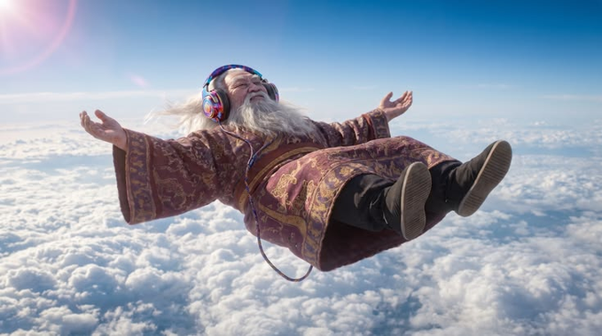 A bearded man in a patterned robe soars above the clouds with his eyes closed and arms outstretched, wearing rainbow headphones as he blissfully floats through the sky—capturing the post's message about the dream of massive gains ("2 to 7 figs") while contrasting with the harsh reality that most traders settle for modest 2-10x returns or panic sell at the first dip. The serene, weightless pose embodies the "believing again" sentiment, symbolizing the euphoric mindset traders need to hold onto their vision for transformative wealth.