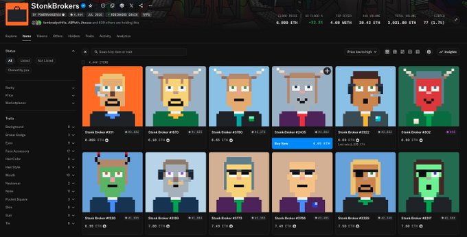 A StonkBrokers NFT marketplace interface displaying pixel-art 'Stonk Broker' character collectibles listed with prices in ETH and stats like rank, floor price, and volume.