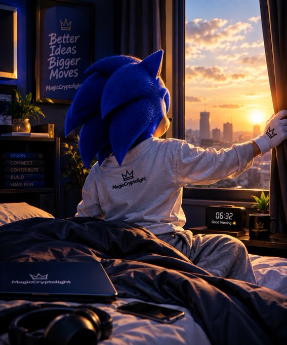 A person in a Sonic the Hedgehog costume looks out a window at a sunset city skyline; framed text on the wall reads 'Better Ideas Bigger Moves' and 'MagicCryptolight', with a digital clock showing '06:32 Good Morning'.