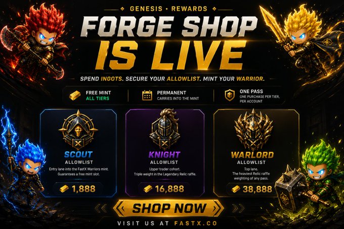 Promotional banner for 'FORGE SHOP IS LIVE' by Genesis Rewards featuring 'FAST Warriors' characters, with allowlist tiers: 'SCOUT' (1,888), 'KNIGHT' (16,888), and 'WARLORD' (38,888) ingots.