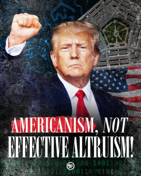 A political poster features Donald Trump raising a fist against a textured background with an American flag and the bold text 'AMERICANISM, NOT EFFECTIVE ALTRUISM!'.