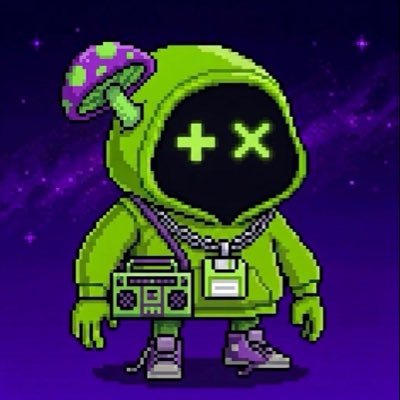 Pixel art of a green hoodie-wearing character with an X-shaped face, a mushroom on its head, sneakers, and a boombox against a purple starry background.