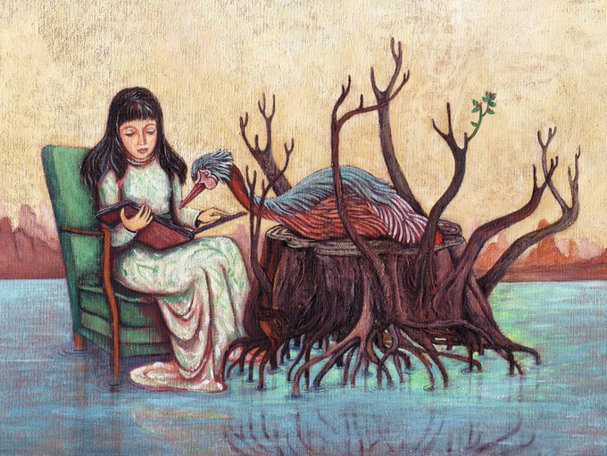 An artistic painting depicts a young girl with dark hair sitting in a green chair reading a book, while a large creature with roots for legs rests on a tree stump beside her in a watery landscape.