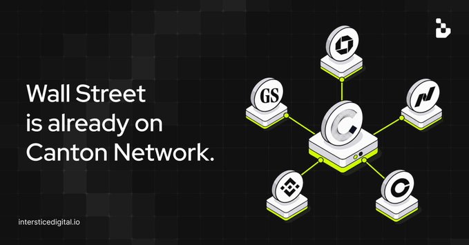 A dark promotional graphic titled "Wall Street is already on Canton Network" featuring a network diagram connecting logos of major financial institutions—Goldman Sachs (GS), JPMorgan (J), BNP Paribas, Coinbase (C), and Binance—around a central hub, with the URL intersticedigital.io at the bottom, visually illustrating the post's point about Canton's diverse institutional ecosystem spanning banking, asset management, market infrastructure, trading, and crypto.