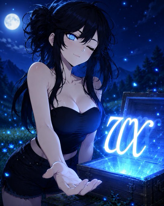 An anime-style illustration of a dark-haired woman with one glowing blue eye wearing a black outfit, sitting beside an open treasure chest emitting blue light with the letters 'UX' floating above it.