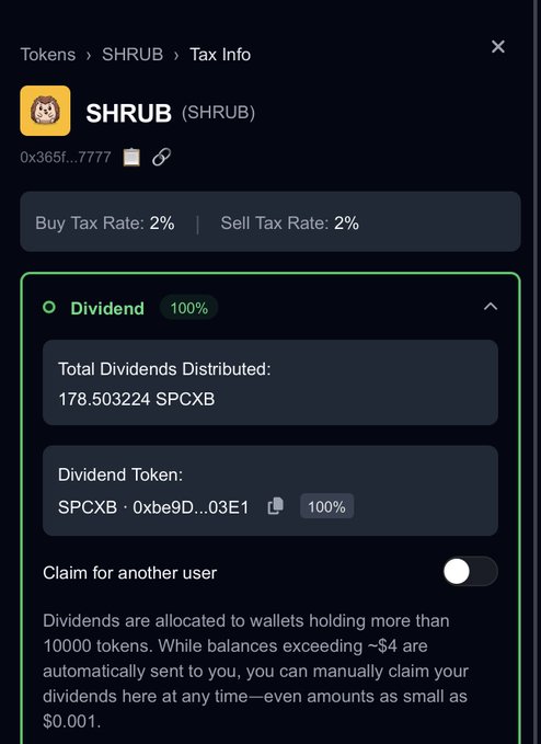 A screenshot of the SHRUB token's Tax Info page shows a 2% buy/sell tax rate and a 100% dividend allocation, with 178.503224 SPCXB tokens distributed to holders, supporting the post's claim of nearly $14,000 worth of SPCXB rewards for SHRUB holders.