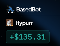 The image displays a betting interface showing two bot entries—"BasedBot" and "Hypurr"—along with a payout of +$135.31 in green. This visually represents the post's reference to playing on Hyperliquid, with Hypurr being one of the bots used and the positive dollar amount suggesting a successful wager outcome.