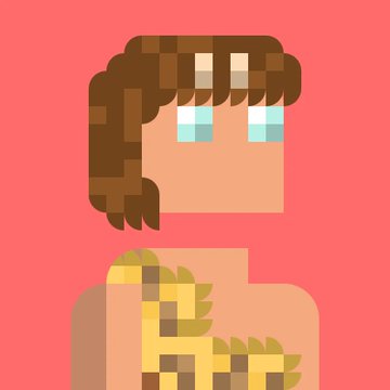 Pixel art portrait of a character with brown hair, light blue eyes, and a yellow patterned top against a coral pink background.