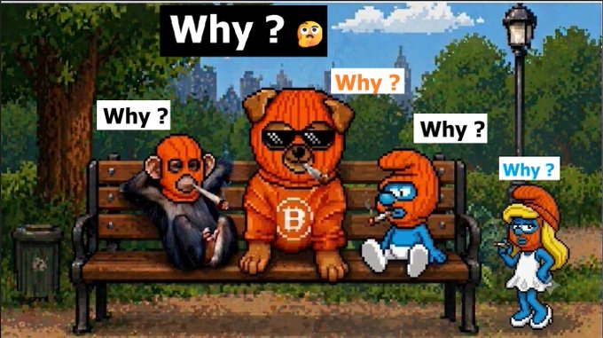Pixel art scene on a park bench showing several characters smoking, with a central figure wearing sunglasses and a Bitcoin hoodie, surrounded by speech bubbles containing the word 'Why?' repeatedly.