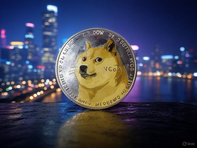 The image features a coin with a yellow dog face, which is the main focus of the photo. The background shows a city skyline at night, providing an urban setting for the coin's display. The caption "Be greedy when others are fearful" seems to be related to the coin or its design, possibly indicating that the Dogecoin coin represents a symbol of wealth and prosperity in contrast to the fear associated with Bitcoin.