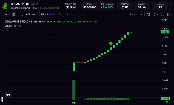 Trading chart for 'BENJAMINS BREAD' token (ticker: fmo) showing a market cap of $185K, price of $0.000185, and a 294.58% 24-hour increase with strong upward volume.