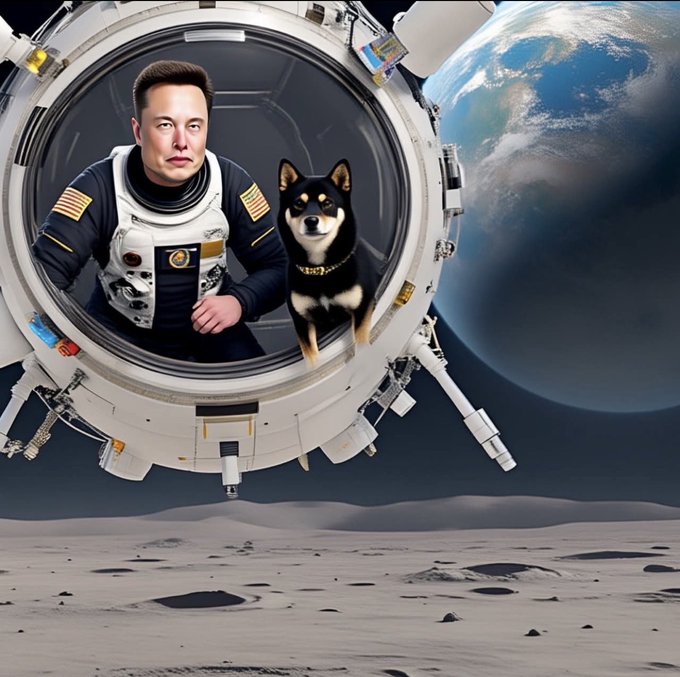 An AI-generated image showing a man resembling Elon Musk in an astronaut suit alongside a black Shiba Inu dog inside a space module, with Earth and a lunar surface visible in the background.