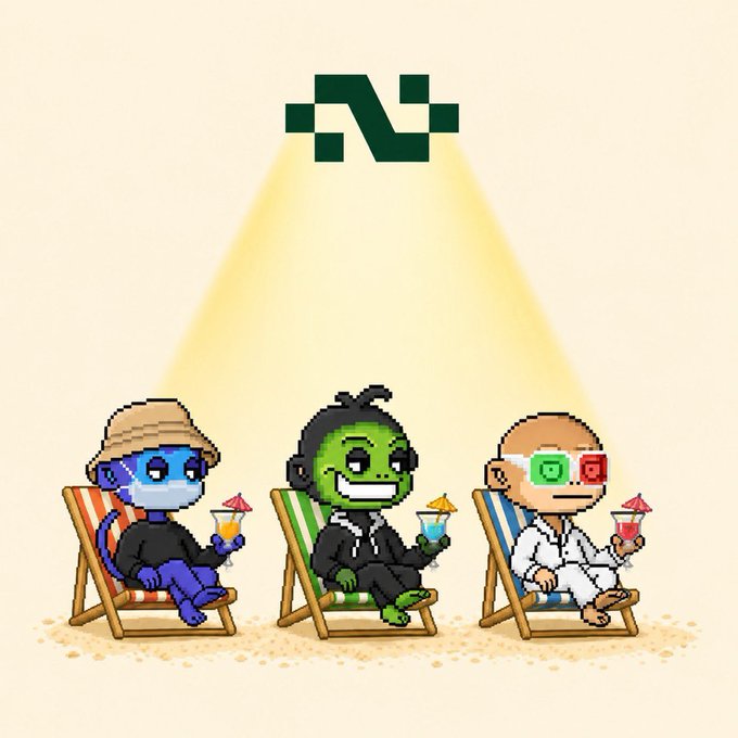A pixel art illustration of three cartoon characters—a blue alien, a green zombie-like figure, and a person in 3D glasses—relaxing in beach chairs under a spotlight, with a stylized green 'N' logo above them.