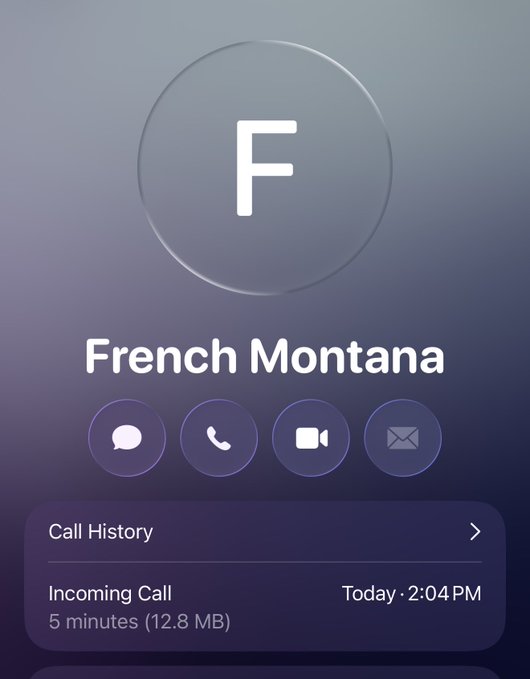 The image shows a phone call screen for "French Montana" displaying a recent incoming call from today at 2:04 PM lasting 5 minutes. The caption relates to French Montana's post about onboarding his celebrity network into crypto, possibly suggesting this recent call was part of those onboarding discussions.