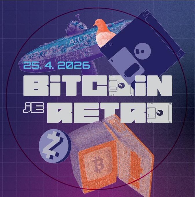 A poster for the 'Bitcoin à Retro' conference dated 25.4.2026 featuring retro tech icons like a skateboard, floppy disk, and pixelated Bitcoin blocks.