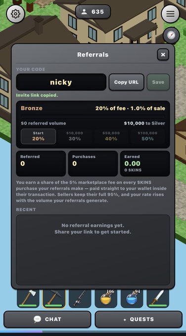 A video game referral screen showing a user code 'nicky' with Bronze tier statistics at 20% fee and 1.0% of sale, displaying 635 in-game currency and indicating no referral earnings yet.
