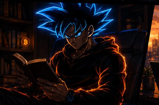 An anime-style illustration of a character with spiky blue hair resembling Goku, reading a book in a dimly lit room with a Bitcoin logo visible on the bookshelf.