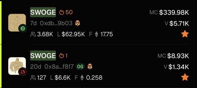 A dark-themed dashboard displays two identical 'SWOGE' tokens with fiery icons, showing market caps of $339.98K and $8.93K, along with liquidity and volume metrics.