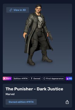 A digital collectible profile page for "The Punisher - Dark Justice" from Marvel, showing a 3D character model of Frank Castle in his signature black tactical coat and skull logo.