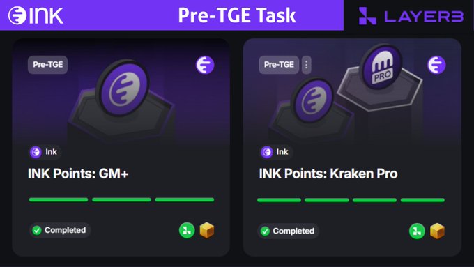 A screenshot titled "Pre-TGE Task" displays two completed INK Points tasks on the Layer3 platform—"INK Points: GM+" and "INK Points: Kraken Pro"—each marked with a green checkmark and progress bars, illustrating the user's accumulating progress toward the $INK TGE.