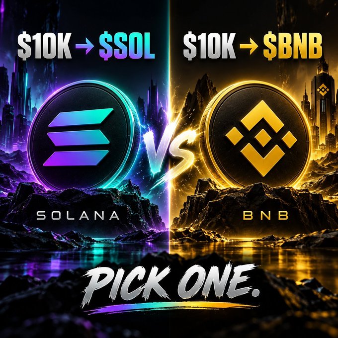Crypto promotional graphic comparing '$10K → $SOL' and '$10K → $BNB' with logos for Solana and BNB facing off above the text 'PICK ONE.'