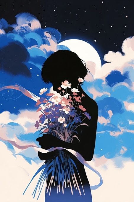An illustration depicts a black silhouette of a woman holding a bouquet of flowers, set against a stylized background of blue clouds, a full moon, and a starry night sky.