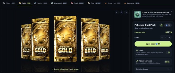 Screenshot of a Pokemon Trading Card Game pack store interface showing 'Pokemon Gold Pack' available for 50 Gold coins with an expected value of $57.73, displayed with gold booster packs.