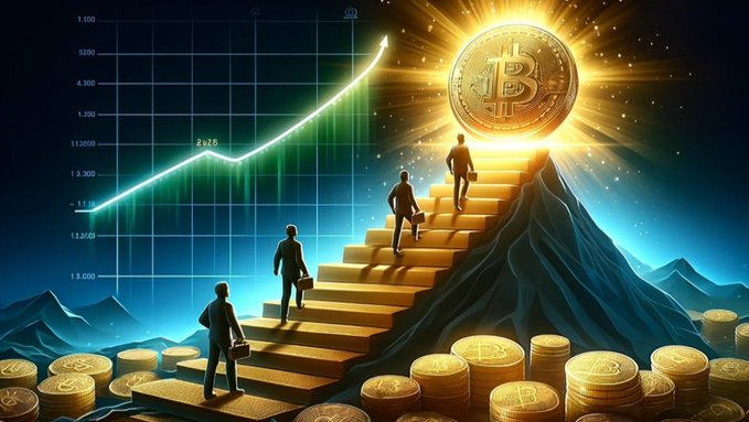A glowing Bitcoin symbol sits atop a golden staircase as silhouetted figures climb toward it, climbing alongside an upward-trending chart with values ranging from 1,150 to 1,500, reinforcing the post's message about the regret of waiting too long to invest in Bitcoin.