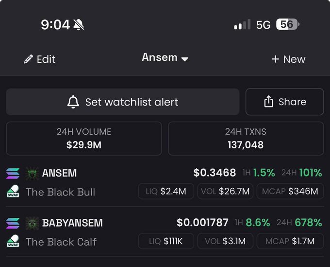 A mobile screenshot from a crypto tracking app (likely Dexscreener) displays the "Ansem" watchlist showing ANSEM at $0.3468 with a 101% 24H gain and BABYANSEM at $0.001787 with a 678% 24H surge, supporting the post's celebration of a new $babyansem all-time high and IP rights acquisition.
