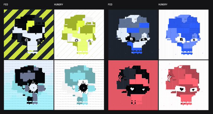 Eight pixel art character portraits arranged in a grid under columns labeled FED and HUNGRY, showing various cute chibi characters in black, yellow, blue, and red color schemes.