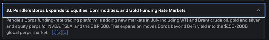 The image is a news card titled "Pendle's Boros Expands to Equities, Commodities, and Gold Funding Rate Markets," announcing that Pendle's Boros platform will add new markets in July, including WTI and Brent crude oil, gold, silver, and equity perps for NVDA, TSLA, and the S&P 500, expanding into the $150-200B global perps market. The caption relates to the accompanying post by highlighting Pendle ($PENDLE) and its Boros funding-rate platform's expansion beyond DeFi yield into traditional asset classes.