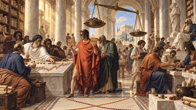 A classical painting depicting ancient Roman figures in a grand architectural setting, with two central figures holding blocks reading 'BIAS' and 'FAIL', while many figures wear masks labeled 'AI'.