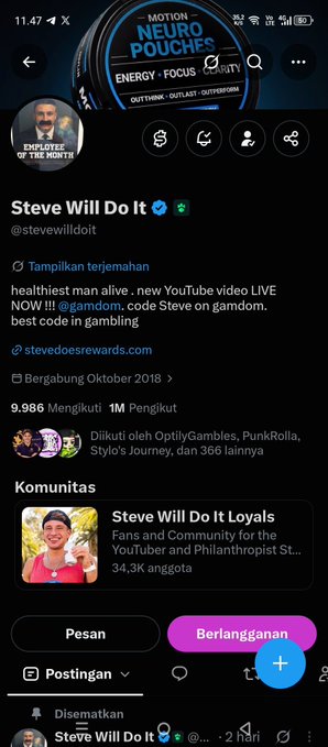 This image shows the X (formerly Twitter) profile of Steve Will Do It (@stevewilldoit), an "Employee of the Month" verified user with 9,986 followers and 1M "Pengikut" (followers), featuring his Motion Neuro Pouches product branding. The profile promotes his YouTube livestream and includes a call to action related to his post about "sticky bees" and a Gamdom code (gamdom), which aligns with his gambling promotion and his Steve Will Do It Loyals community of 34.3K members.