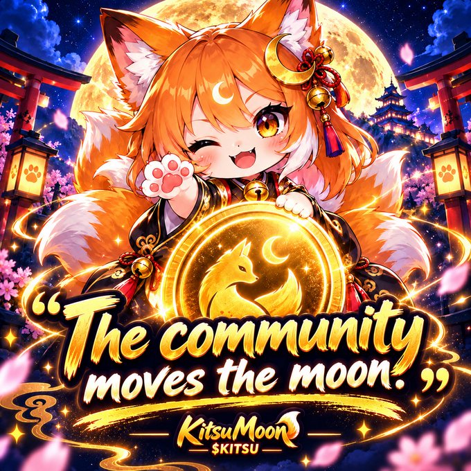 Anime-style artwork featuring a cheerful fox-eared girl in traditional attire next to a full moon, with the text 'The community moves the moon' and 'KitsuMoon SKITSU' displayed at the bottom.