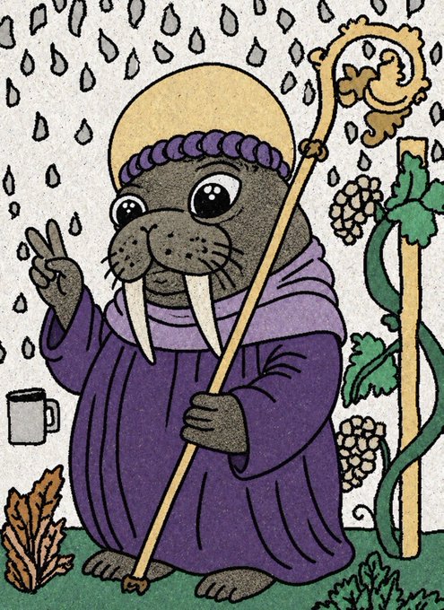 An illustration of a walrus dressed as a bishop in purple robes with a mitre and crozier, making a peace sign, surrounded by hops, grapes, and oak leaves.
