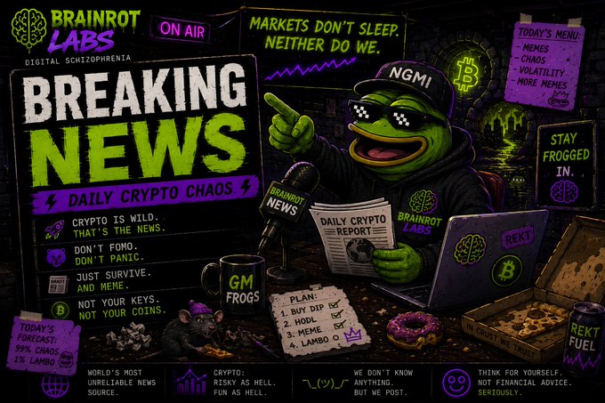 A vibrant graphic from 'BRAINROT LABS' titled 'BREAKING NEWS: DAILY CRYPTO CHAOS,' featuring a frog in a 'NGMI' cap holding a microphone and 'DAILY CRYPTO REPORT,' with phrases like 'MARKETS DON'T SLEEP, NEITHER DO WE' and 'STAY FROGGED IN.'