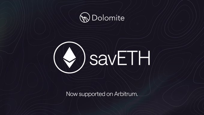 A promotional graphic with the Dolomite logo at the top, displaying the savETH logo and Ethereum symbol with the text 'Now supported on Arbitrum.'